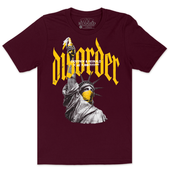 Disorder w/ Gold on a Maroon Shirt