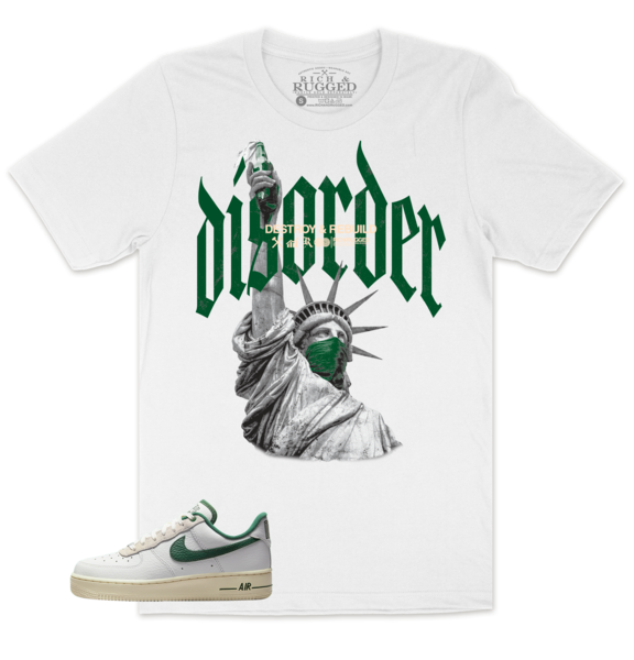 Disorder w/ Forest Green on a white Shirt