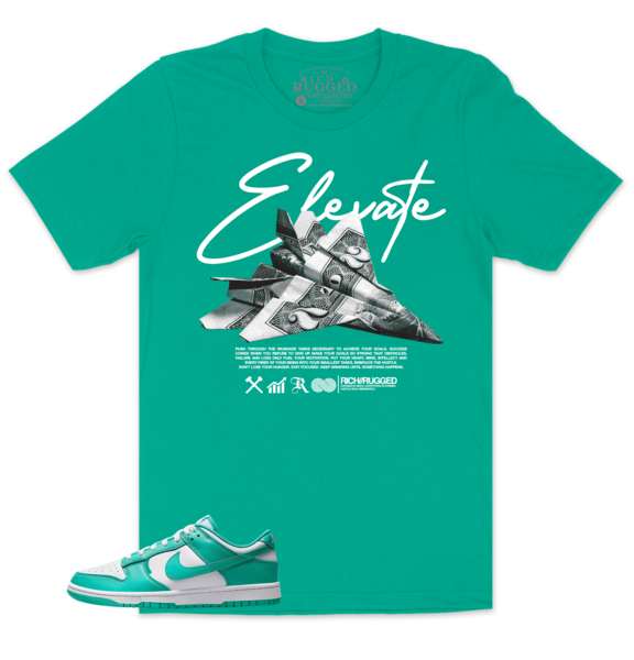 Elevate w/ White on a teal shirt