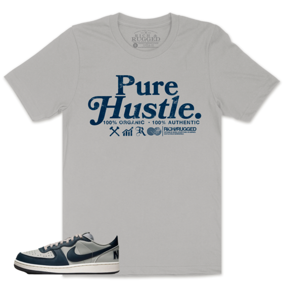 Pure Hustle w/ Navy on a Gray shirt