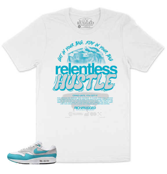 Relentless w/ Aqua on a white shirt