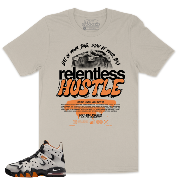 Relentless w/ Burnt Orange on a Sand Shirt