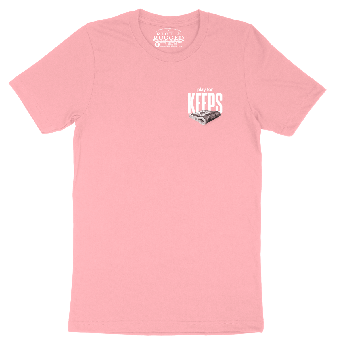 Play and Pray on a light pink shyirt